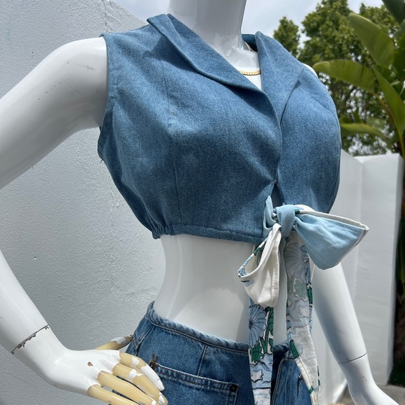 VTG Denim and Floral Cropped Two Piece Skirt Set - Picture 3 of 15